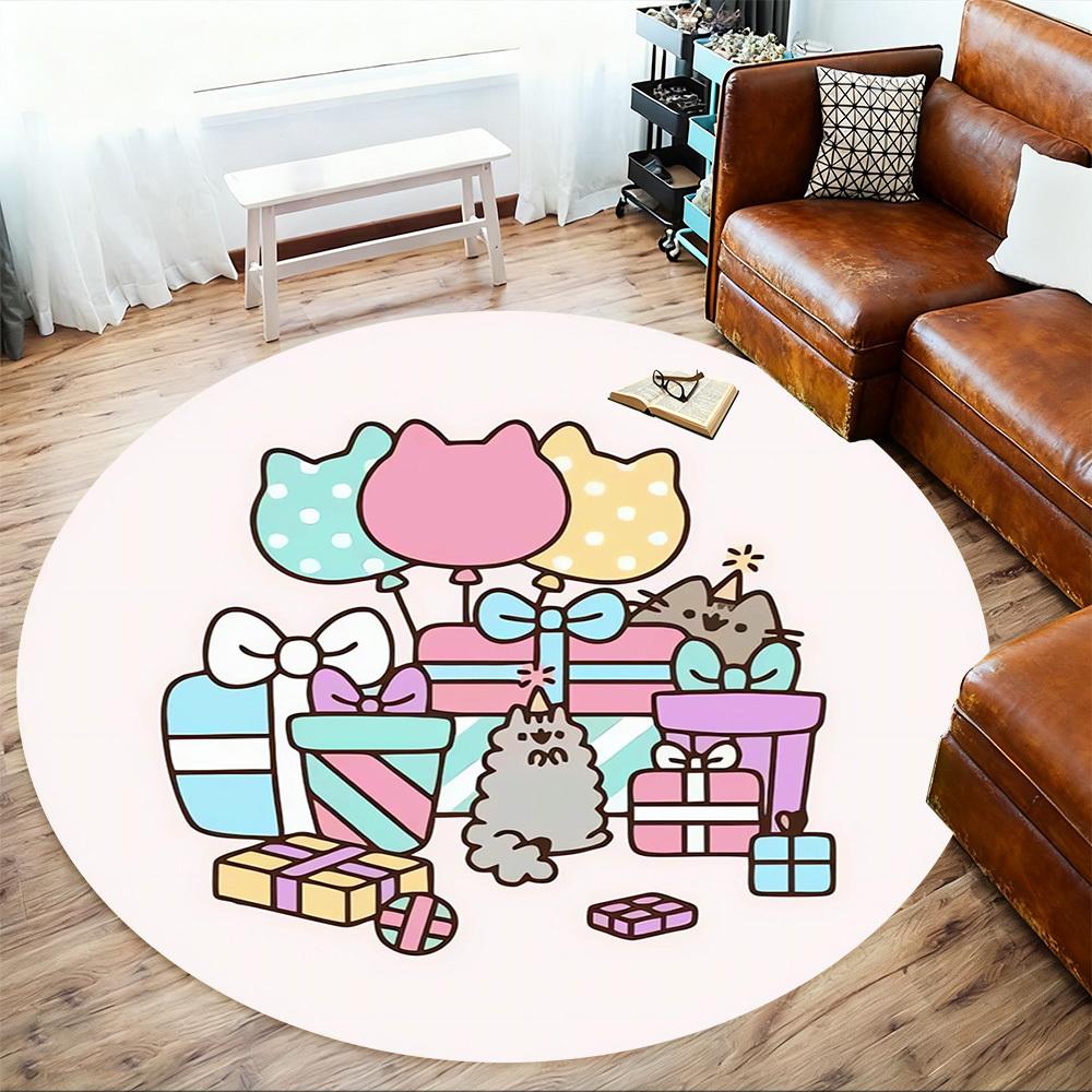 1pc Pusheen Party Round Chair mat Area Rug - Non-Slip, Floor Mat for Office, Bedroom, home decor Christmas Gift p0811238