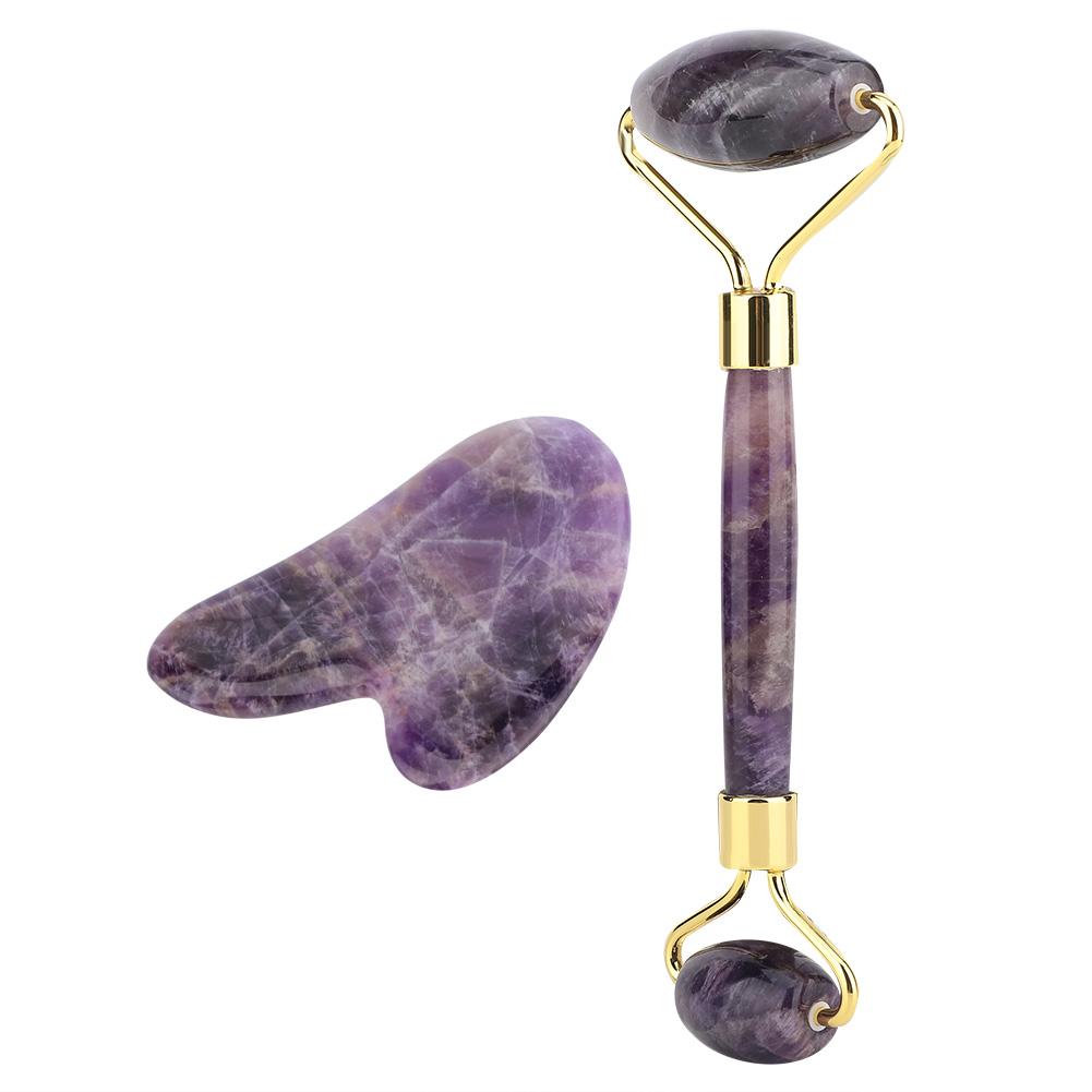 Natural Amethyst Double Head Jade Stone Roller & Guasha Scrapping Plate Face Massage Tool Kit