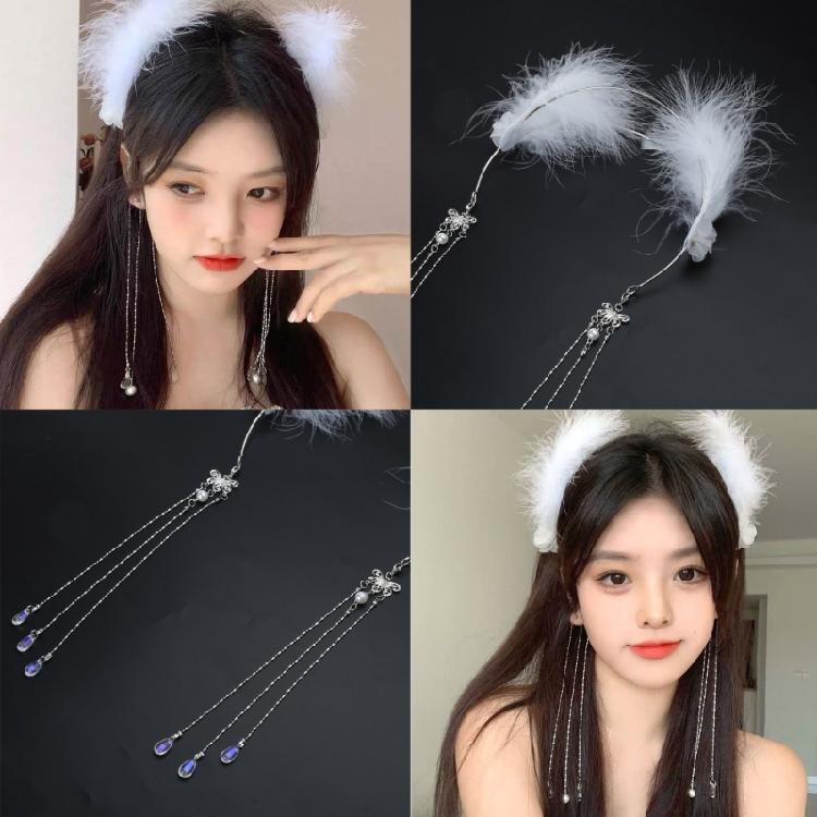 Feather Headband with Tassel White Feather Hair Hoop Headwear for Women