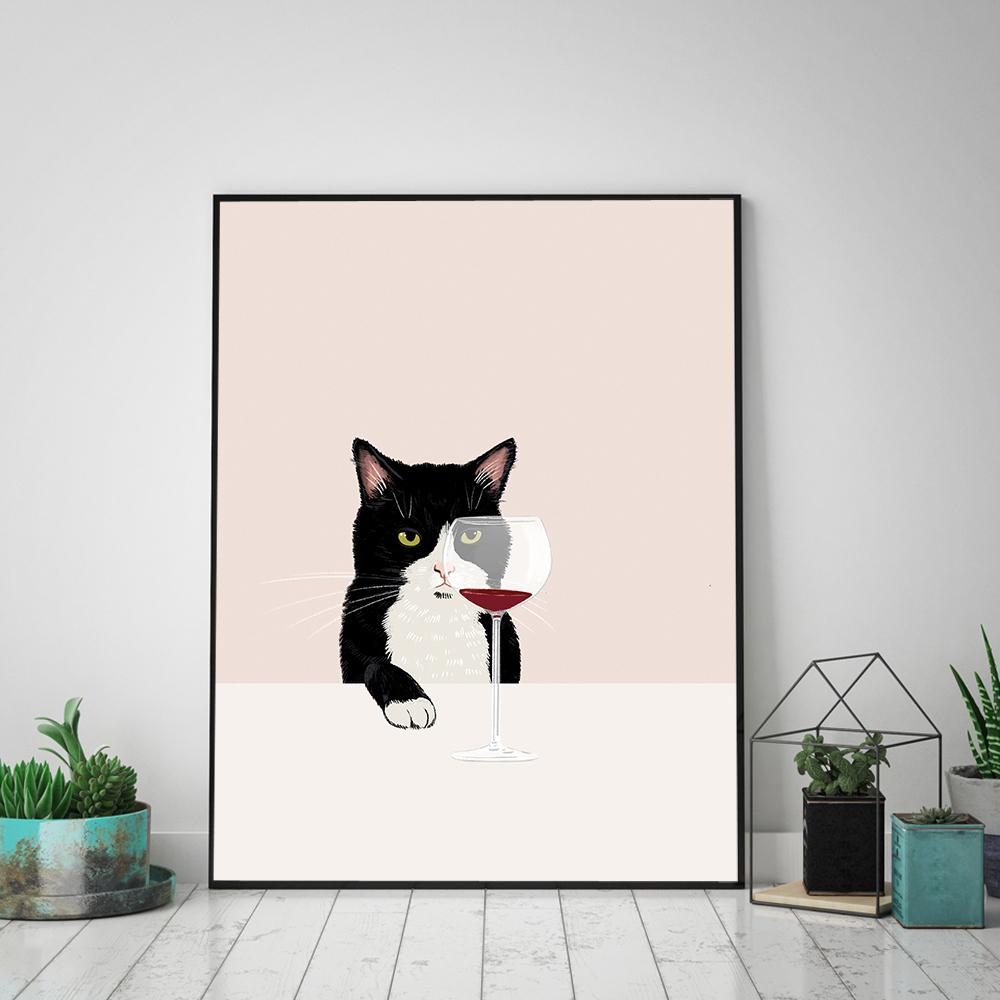 Lustiges süßes schwarzes Katzenplakat, weiße Katzen schmecken Rotwein, Leinwandmalerei, Katze, Küche, Wandkunst, Bilder für Wohnzimmer, Heimdekoration