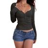 Women Tops Round Neck Buttons Half Placket Long Sleeve Pullover Tops Solid Color Slim Fit Bottom Tops Daily Wear