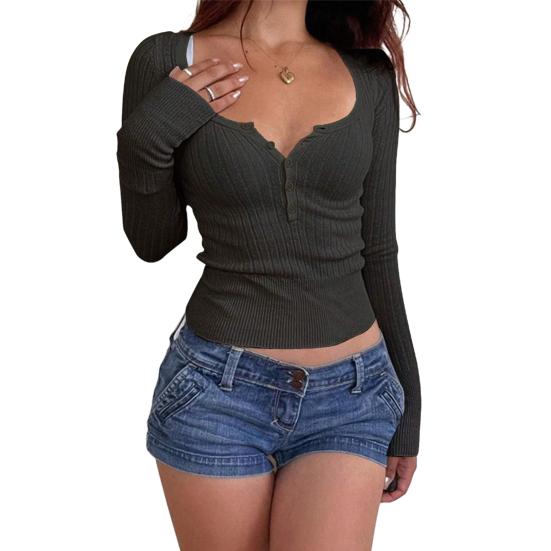 Women Tops Round Neck Buttons Half Placket Long Sleeve Pullover Tops Solid Color Slim Fit Bottom Tops Daily Wear