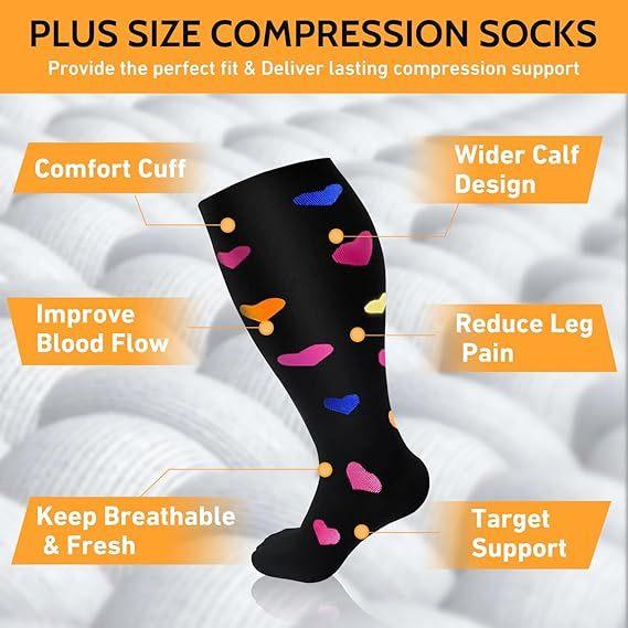 Plus Size 2XL-7XL 20-30 mmHg Compression Socks for Women Men Wide Calf Extra Large Knee High Flight Sock for Circulation Support
