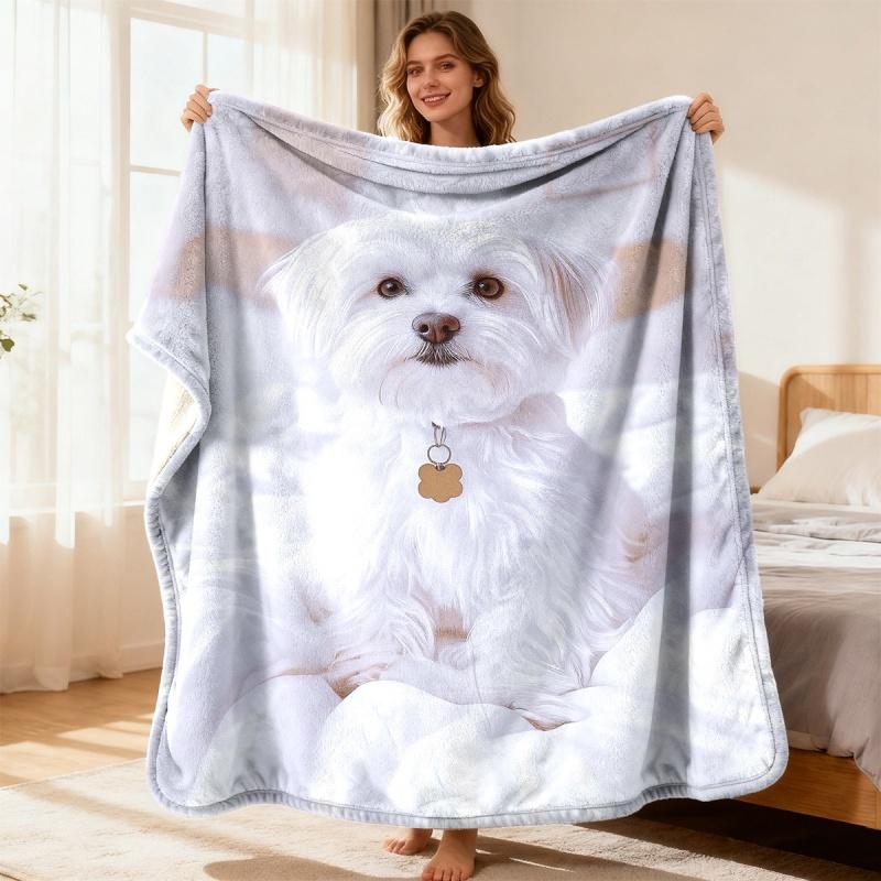 Cute Maltese Dog Flannel Blanket White Puppy Photo Print Fleece Blanket Soft Cozy Warm Throw Blankets For Bed Couch Decoration