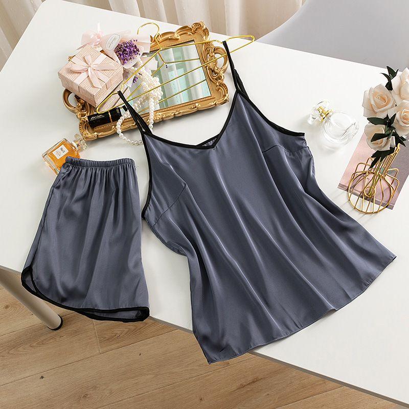 

Pajamas Women Sling Home Service V-neck Thin Sleeveless Strap Pajamas Gray One size