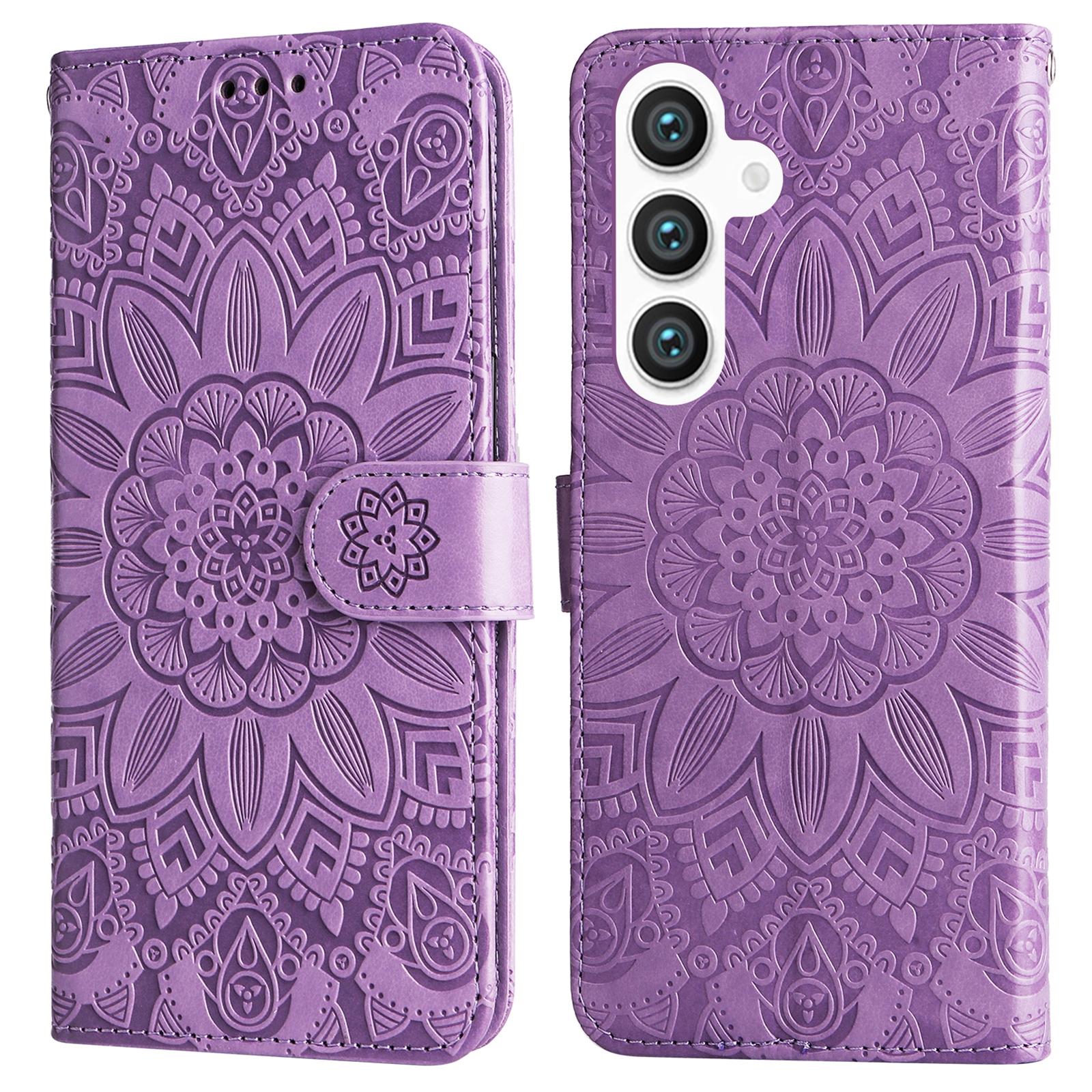 

For Samsung Galaxy S25 Case Sunflower Imprint Leather Wallet Phone Cover Purple