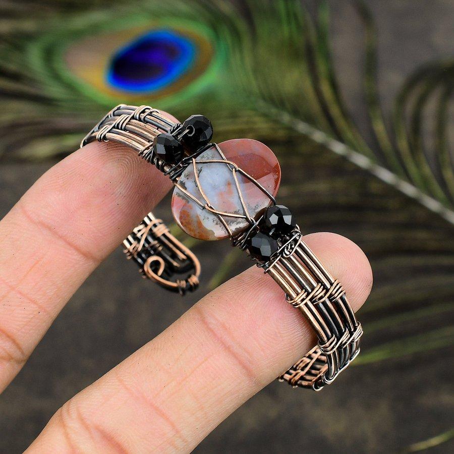 Naturalny Kamień Krwi Kamień Szlachetny Ręcznie Robiony Miedziany Drut Oplot Mankiet Bransoletka Regulowana. w3R93