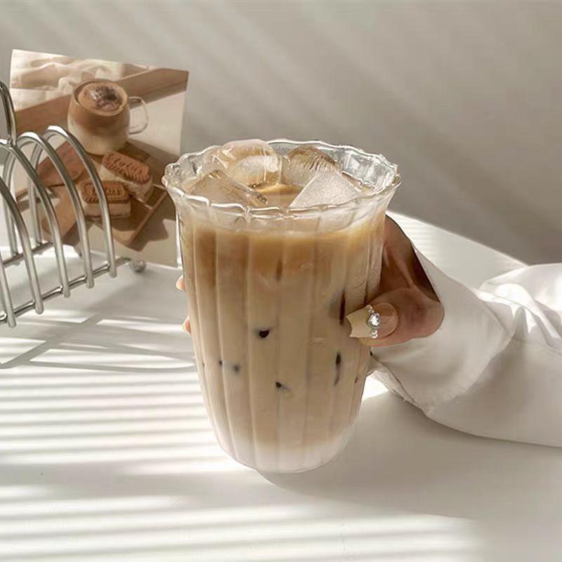 Coffee Shop Niche Retro Vertical Pattern Transparent Glass Water Cup Iced Latte Coffee Cup High Borosilicate Glass Single Layer Cup