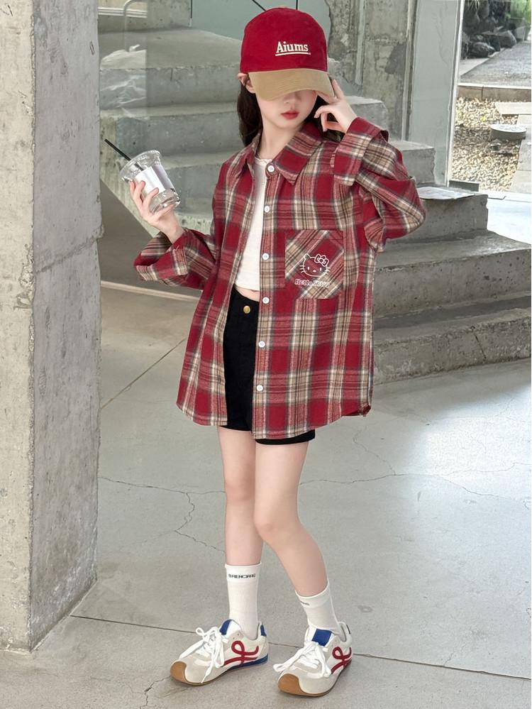 Girls' Plaid Long-Sleeve Shirt Jacket for Autumn 2025 - Fashionable Spring Top for Big Kids