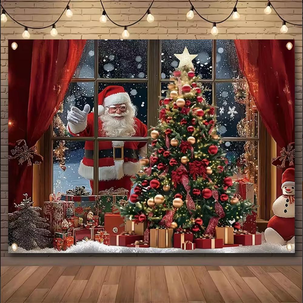 Christmas Winter Background Vintage fireplace Party Decoration Children's Photo Studio Supplies Xmas Tree Lanterns Snowy Scenery