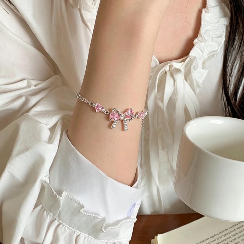 Shiny Pink Bow Heart Zircon Jewelry Set Necklace Bracelet for Women Trendy Y2K Style Accessory Gift for Teens