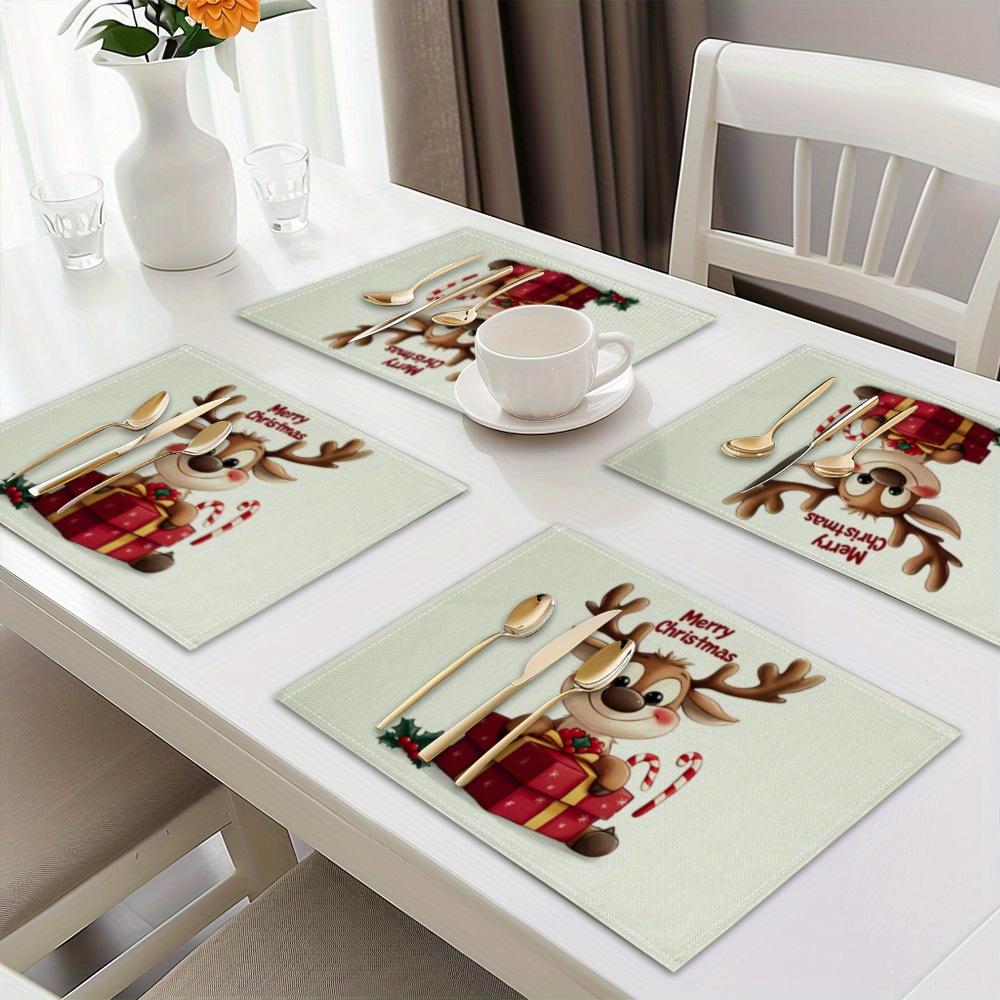4-Piece Christmas Reindeer Gold-Edged Placemats Holiday Gathering Family Dining Table Decorative Accessories 4PCS