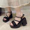 Fashion Comfort Shoes for Women Pearl Sandals Fashion Chunky Suit Female Beige Increasing Height Block Heels All-Match Black Bow 2025