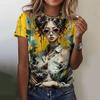 3D Printed Cartoon Style Floral Kitten Girl Pattern Women's T-shirt Summer Casual Round Neck Top Short Sleeve Loose T-shirt