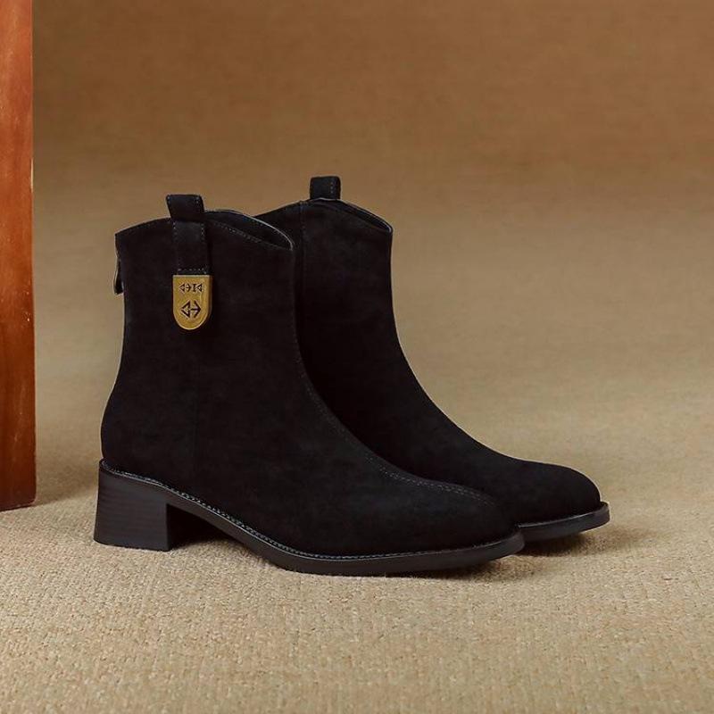Autumn and Winter Women's Suede Rear Zipper Martin Boots Solid Color Round Head Medium Heel Large Size Women's Boots Round Head New Medium Boots