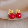 18k real gold electroplated new Chinese zircon copper coin red bead earrings retro simple earrings