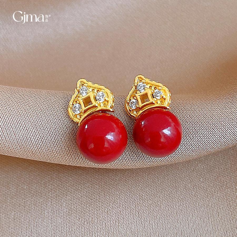 18k real gold electroplated new Chinese zircon copper coin red bead earrings retro simple earrings