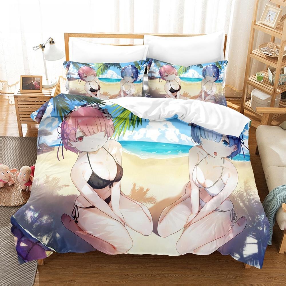 New Re Zero Rem Ram Bedding Set 3d Print Kawaii Cartoon Anime Three-piece Set Adult Kid Bedroom Duvet Cover Sets Home Textiles