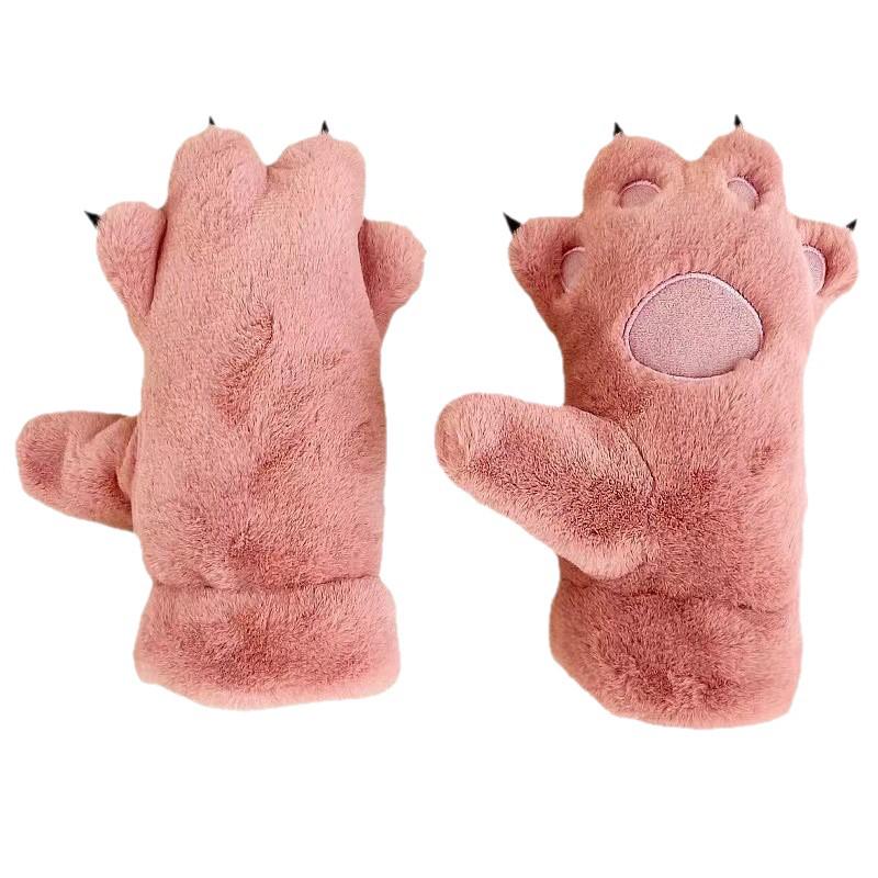 Cute Cartoon Bear and Cat Paw Plush Gloves for Girls - Warm, Thick Winter Riding Gloves with Neck Strap.