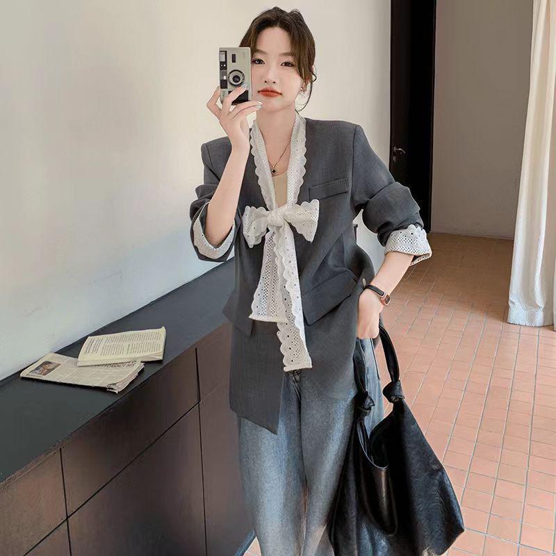 

Женский осенний костюмный пиджак с кружевной отделкой - Повседневный, Свободный крой S 80-100 lbs