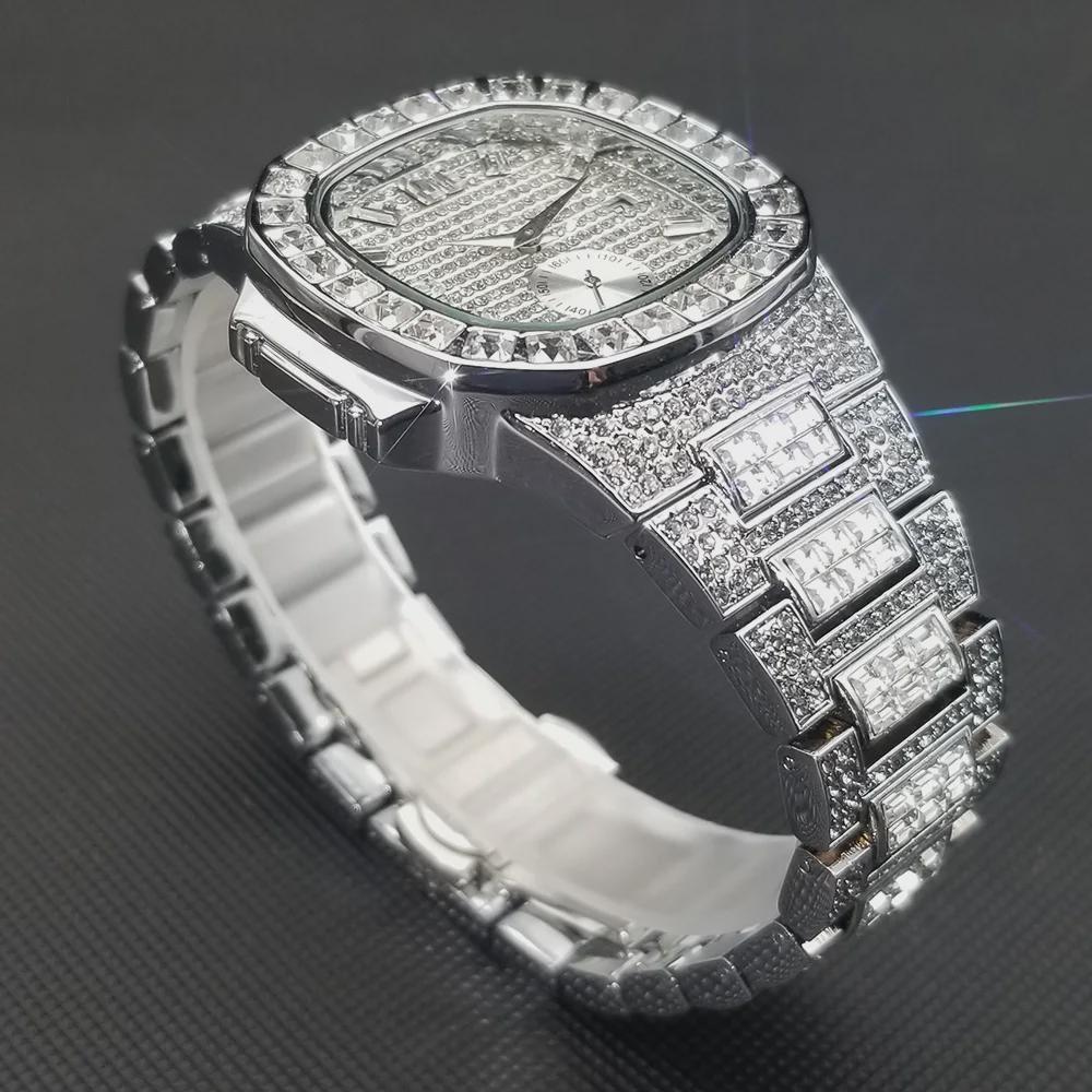 Hip Hop Iced Out Mens Watch Diamond Paved Analog Quartz Watch Waterproof Stainless Steel Luxury Wristwatch