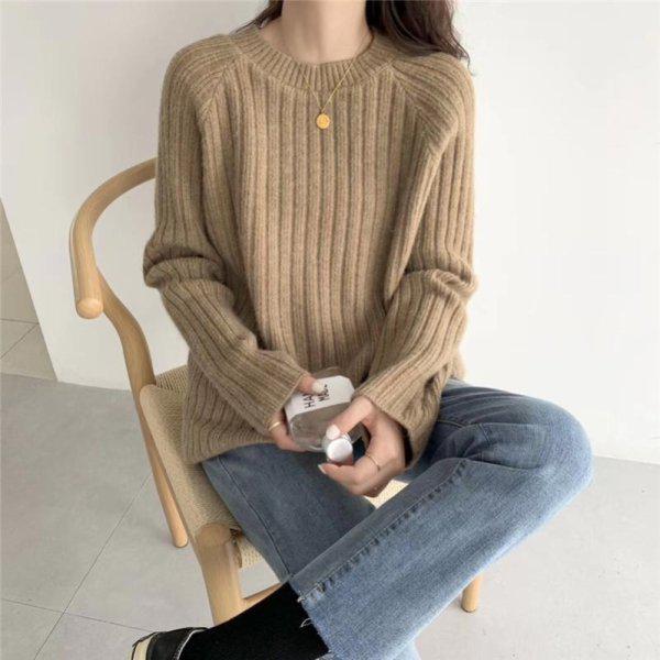 Lazy Style Korean Early Autumn Gray Round Neck Loose Sweater Knit Top 2025