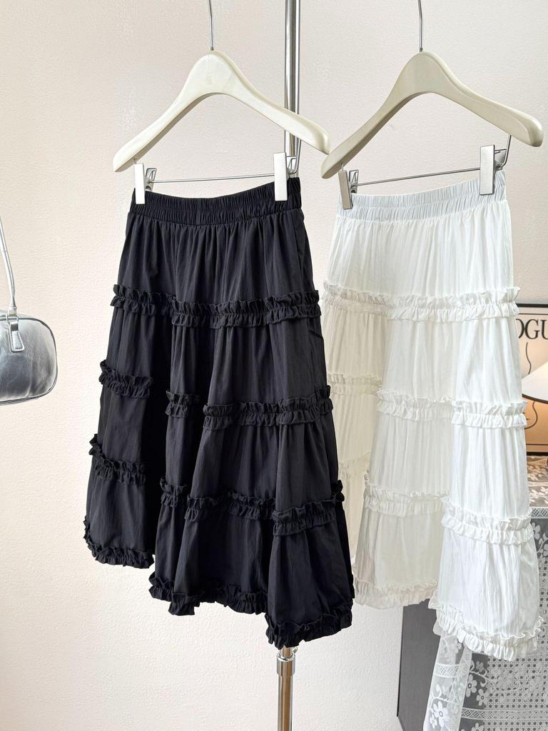 Sweet Ruffled White Puff Cake Skirt for Women - High-Waisted Slim A-Line Midi (2026 Summer)