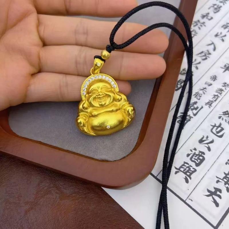 Classics Glossy Maitreya Buddha Pendant Antique Gold Craftsmanship Vintage Inlay Dot Diamond Necklace Charms Banquet Jewelry