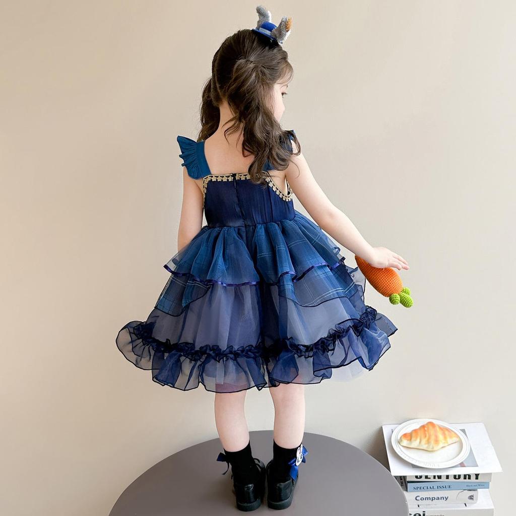 Mädchen-Spaghetti-Träger-Prinzessinnenkleid mit Kaninchen-Polizisten-Print & Tüllrock - Perfekt für Sommergeburtstage