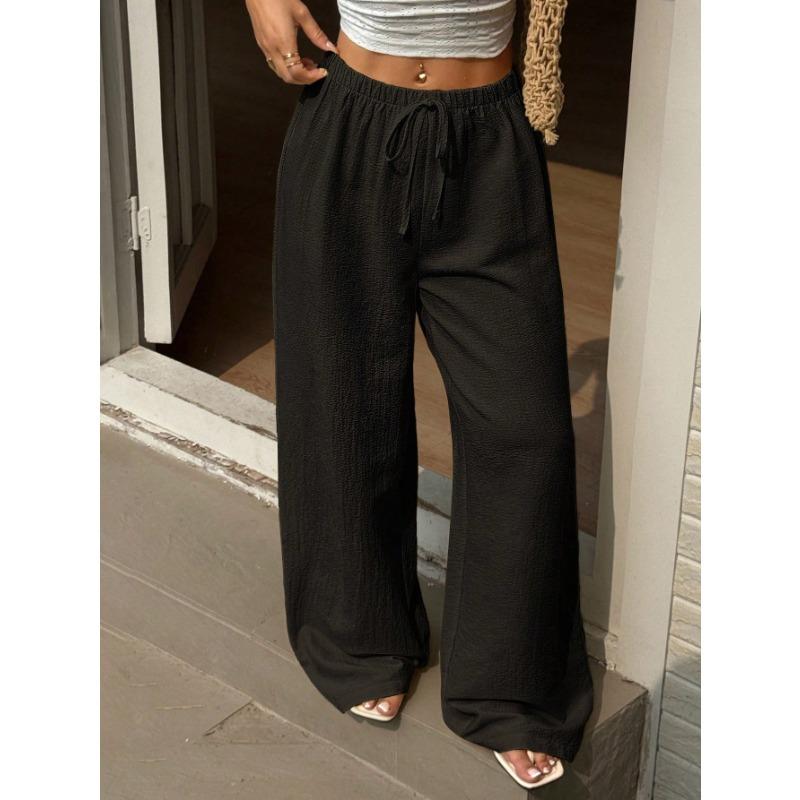 Women Casual Elastic Drawstring High Waist Wide Leg Pants Loose Lightweight Beach Vacation Trousers