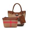 Aidrani Genuine Leather Canvas Bag Plaid Pattern Women's Handbag Fashion Design Cowhide Bag Basket Shaped Brown Color