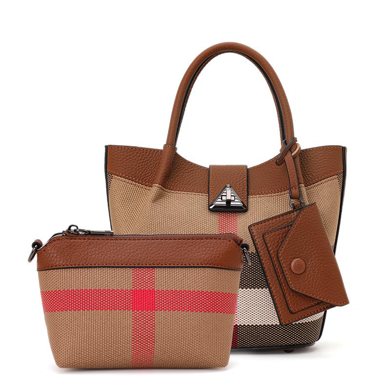 Aidrani Genuine Leather Canvas Bag Plaid Pattern Women's Handbag Fashion Design Cowhide Bag Basket Shaped Brown Color