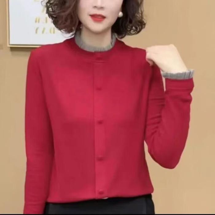 

Mom s Slim Fit Long Sleeve Base Layer in Threaded Velvet - Versatile for Spring, Autumn, and Winter 5XL червоний
