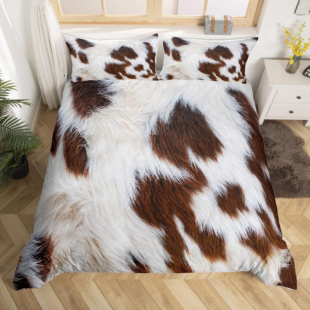 Cowhide King Queen Duvet Cover Patchwork Cow Fur Print Bedding Set Animal Quilt Cover Western Cowboy Polyester Comforter Cover