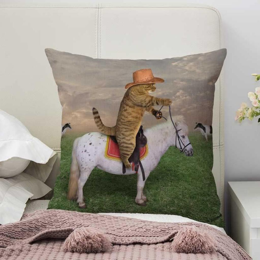 pc D Flat (Pillow Not Included) Cowboy Cat Riding Horse Western Humor Cushion Cover Short Plush Quirky Pet Lover Decor Throw