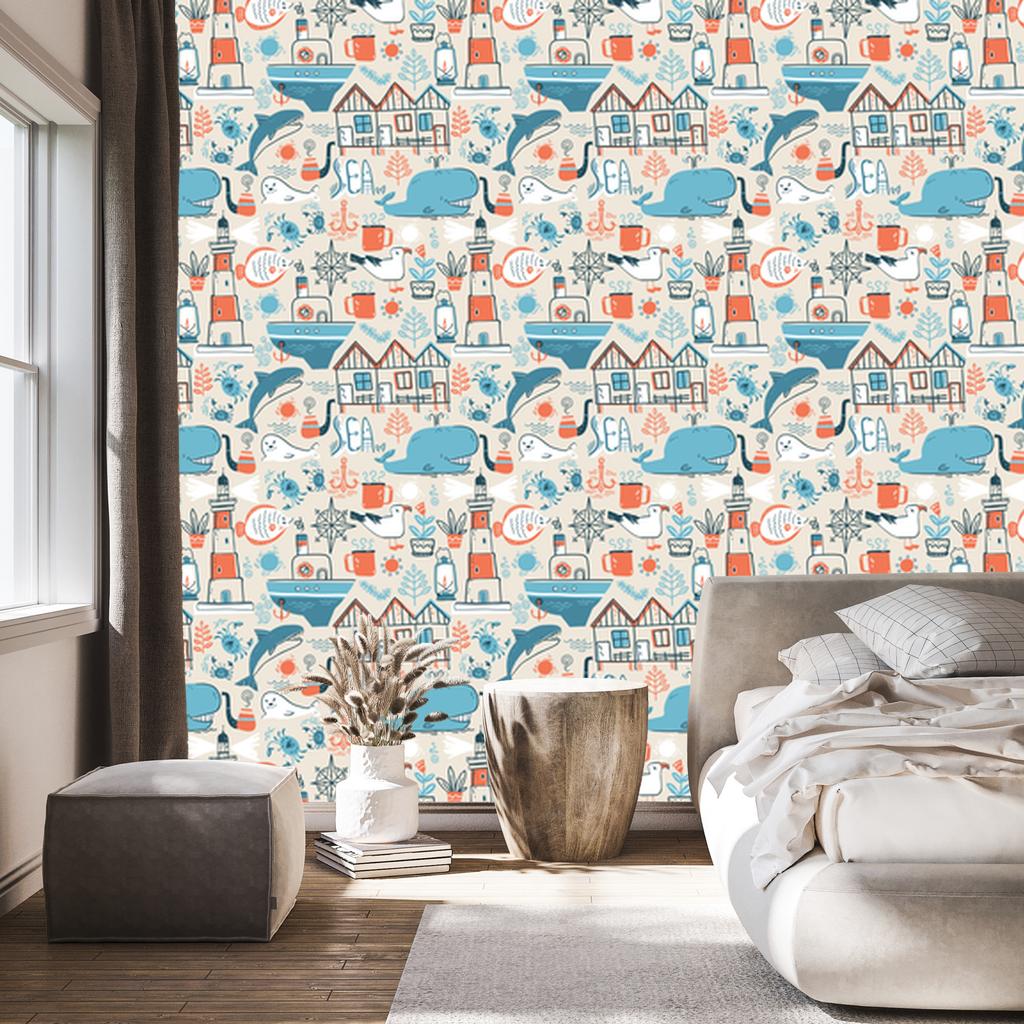 Scandinavian style sea animals wallpaper for living room and bedroom 50x1000