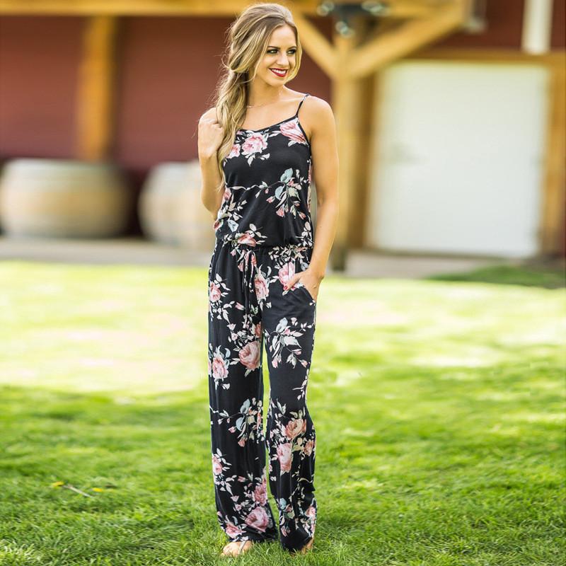 Floral Women Summer Long Wide Leg Pants Strappy Casual Beach Jumpsuit Us Romper