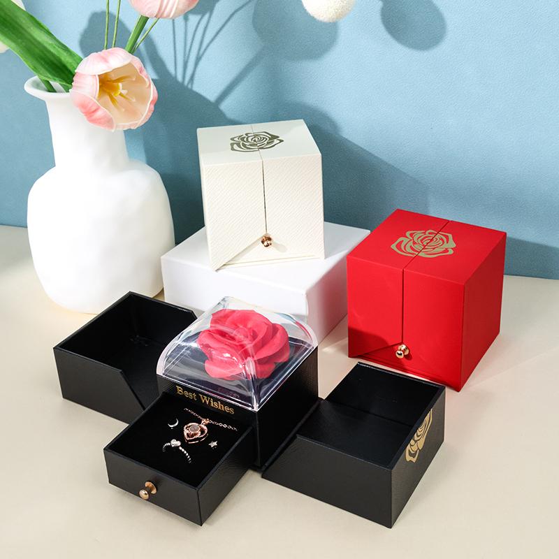 Jewelry Packaging Box Double Open Gatefold Rose Flower Gift Box with Drawer Custom Logo Velvet Ring Earring Necklace Case