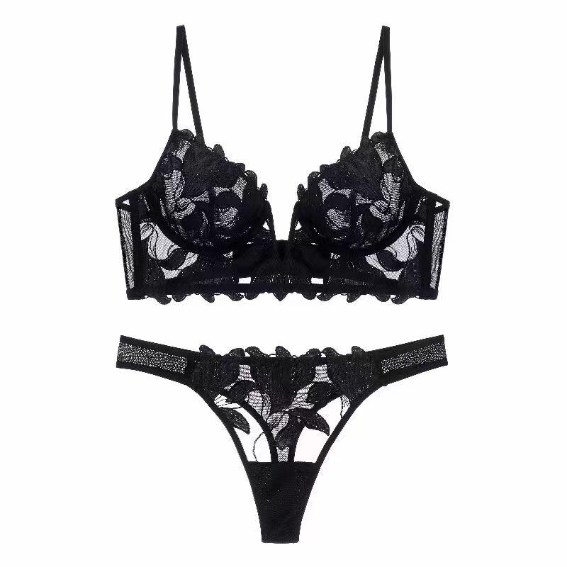 French Lace Flowers Embroidery Bra Set Sexy Deep V Push Up Bras Women Ultra Thin Underwear With Thongs Set Breathable Lingerie