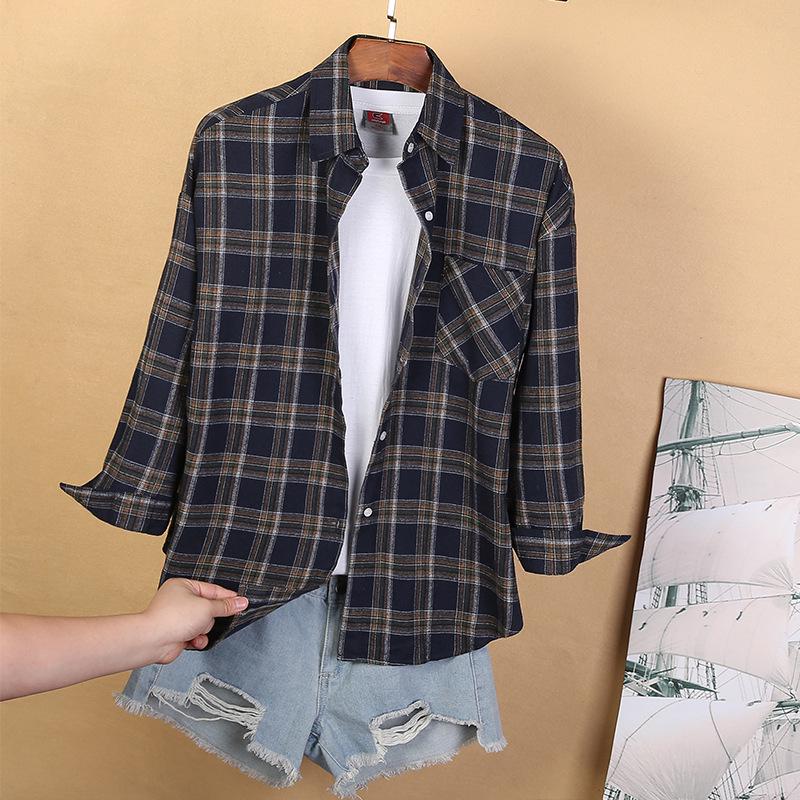 2025 Women's Korean Style Long Sleeve Plaid Cotton Shirt Jacket