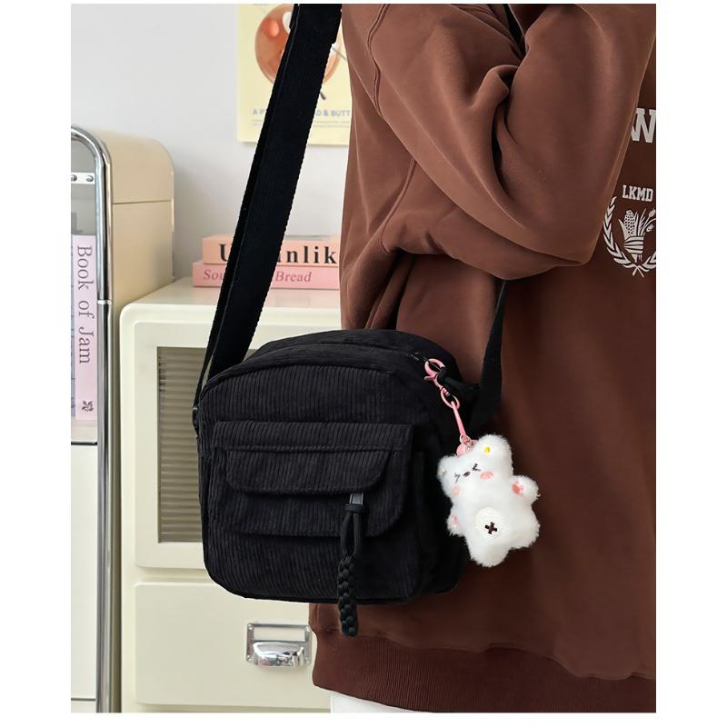 Corduroy Crossbody Bag for Women Casual Shoulder Messenger Bag Small Square Purse with Front Flap Pocket Adjustable Strap Lightweight Daily Handbag