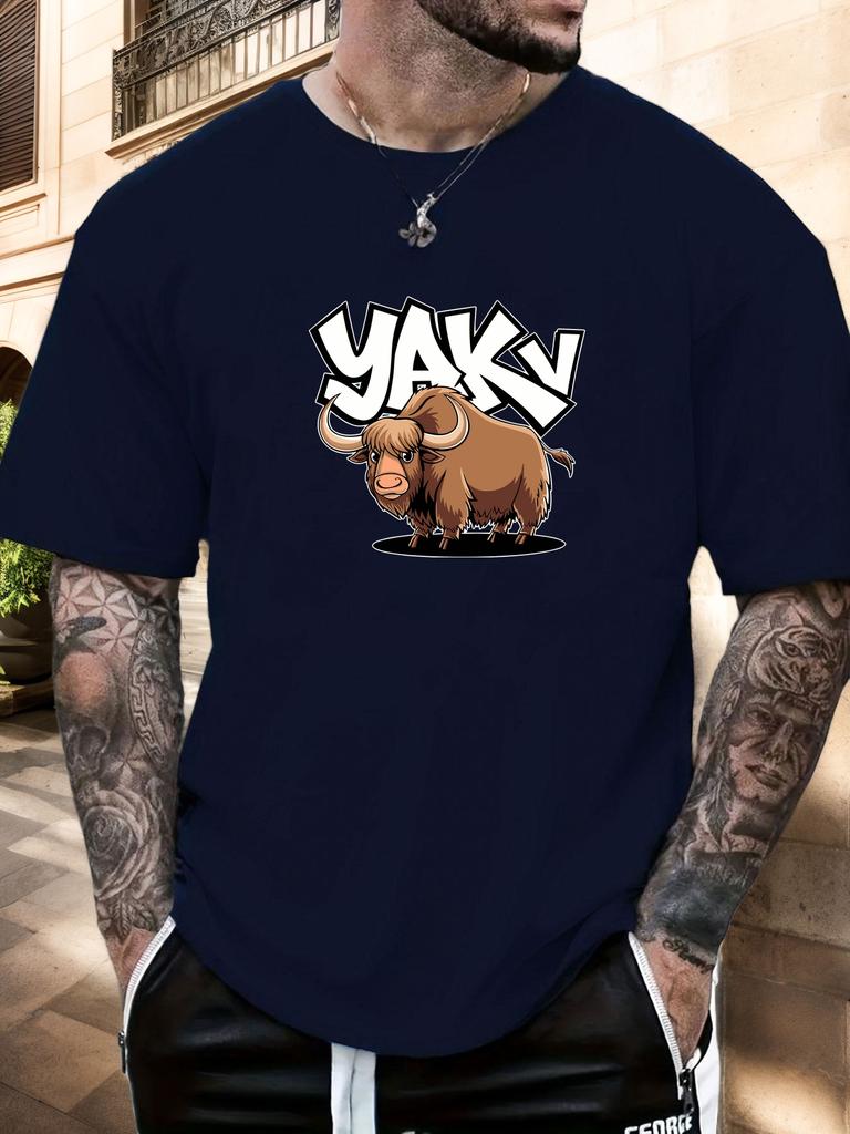 Mens Casual Tshirt Yak Cartoon Print Short Sleeve Round Neck Breathable Soft Oversized Fun Daily Wear Tee