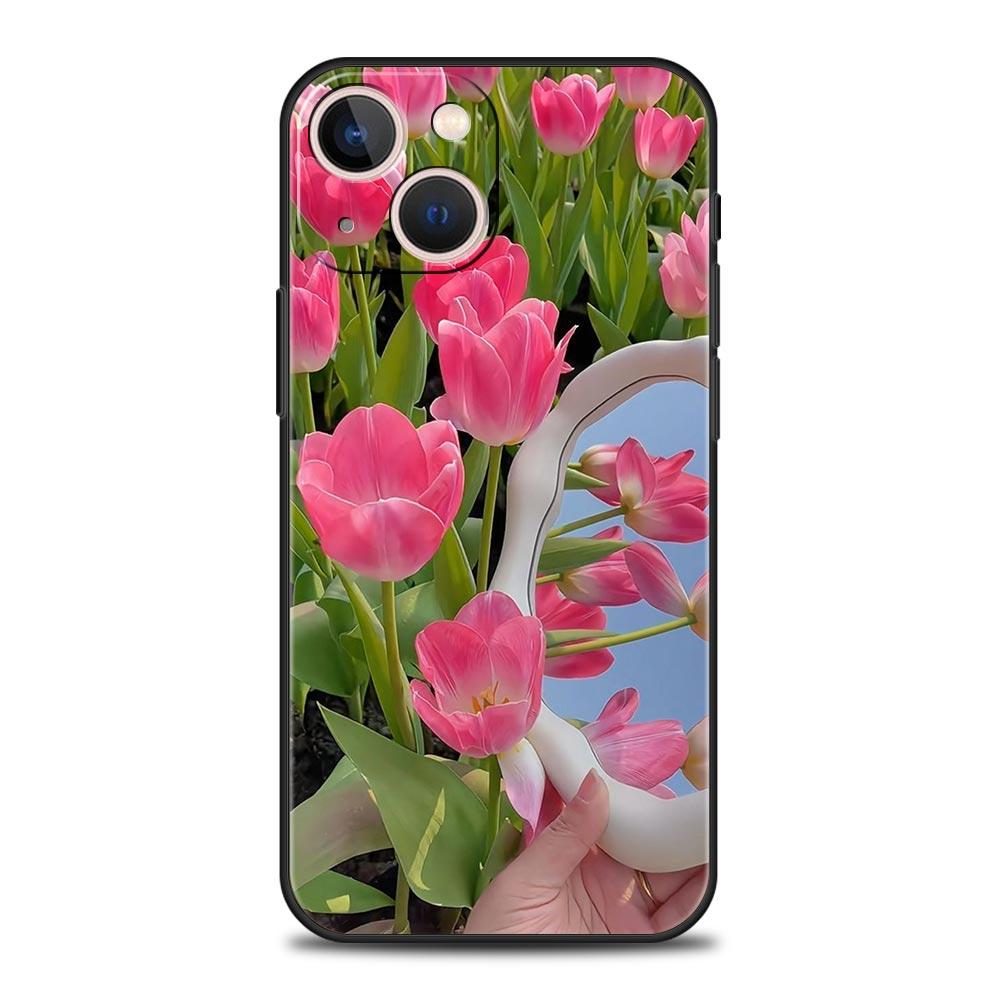 Phone Case For iPhone 17 16e 15 14 13 12 11 Pro Max SE 7 8 Plus Shell iPhone 16 Soft TPU Cover Pink Tulip Flower Love Heart iPhone 13