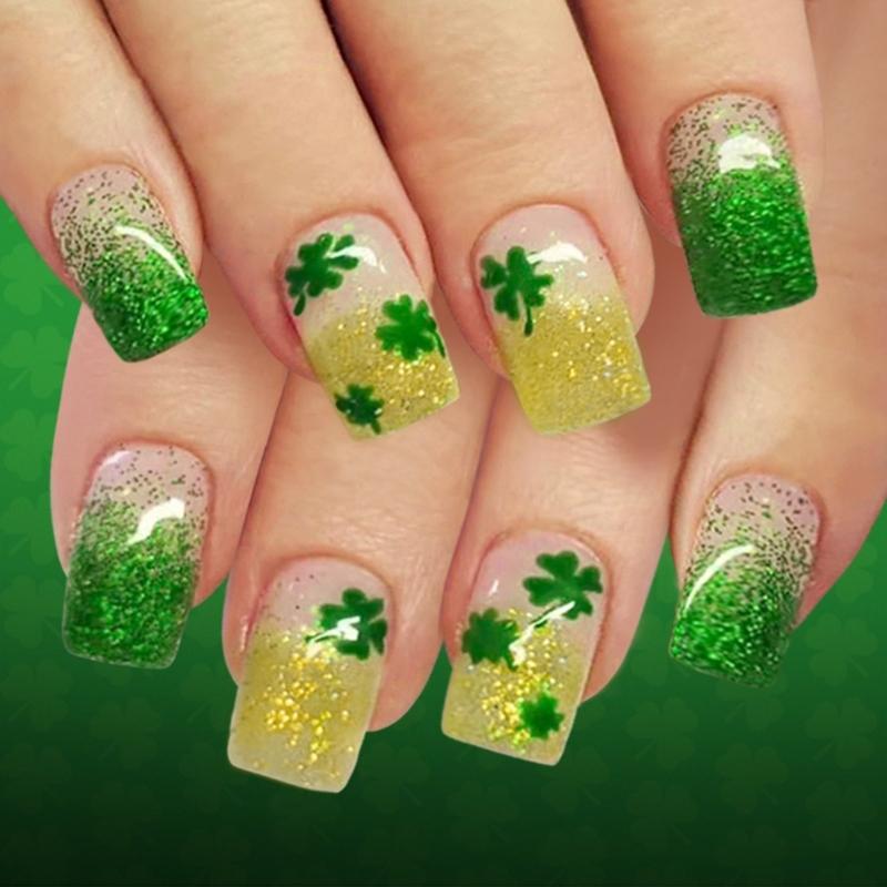 

1Set Short False Nail Easy to Wear Patrick Day Nail Art Four Leaf Clovers Sparkling French Style Multiple Size 1