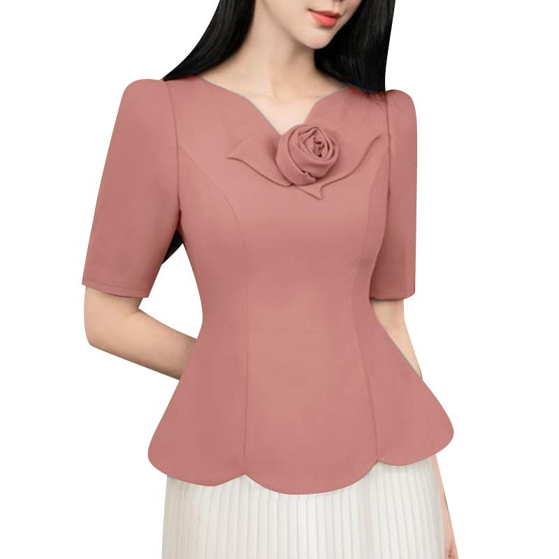 

ZANZEA Женская летняя блузка с V-образным вырезом и коротким рукавом, приталенная 3XL розовый