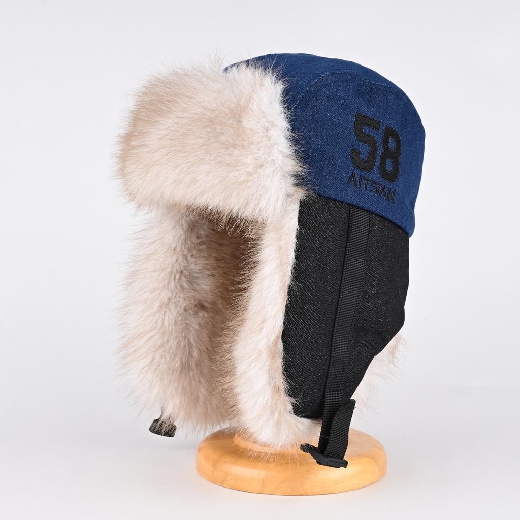 Koreansk version av hatt med denimfärgmatchning för män och kvinnor, varm bomullshatt för vintern med öronvärmare, förtjockad pilotmössa i plysch