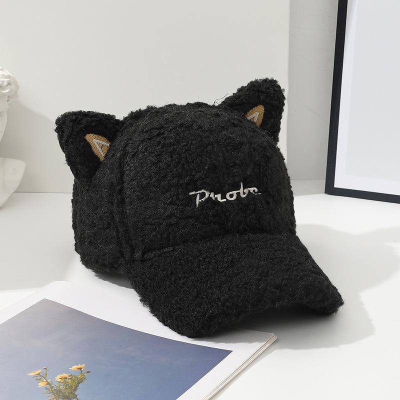 Autumn and Winter Lamb Fur Baseball Cap Warm and Deep Adjustable Head Circumference Plush Baseball Hat Cute Cartoon Cat Ears