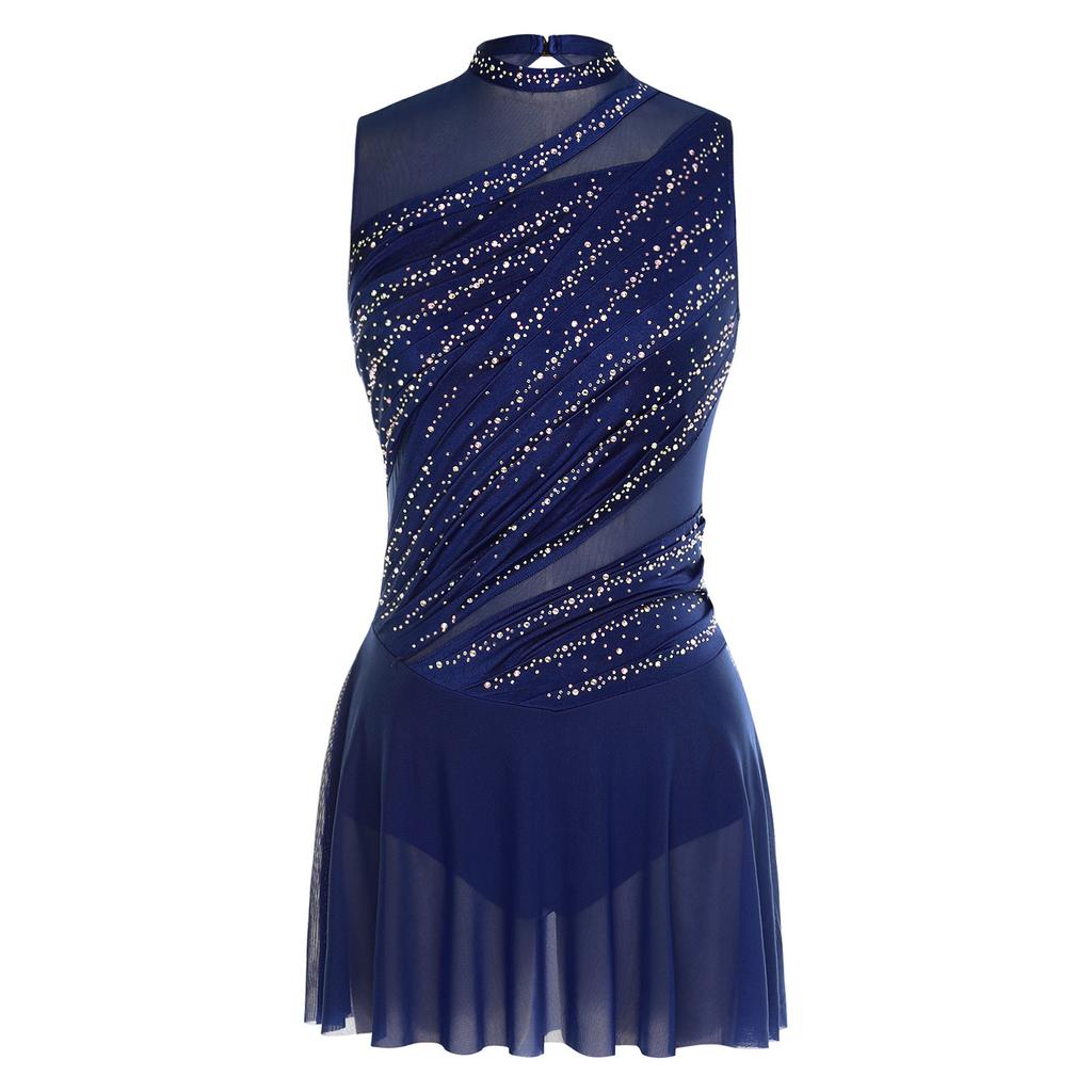 Womens Gymnastics Artistic Figure Skating Ballet Lyrical Dance Leotards Dress Rhinestones Built -In Crotch Buttons Briefs Dress