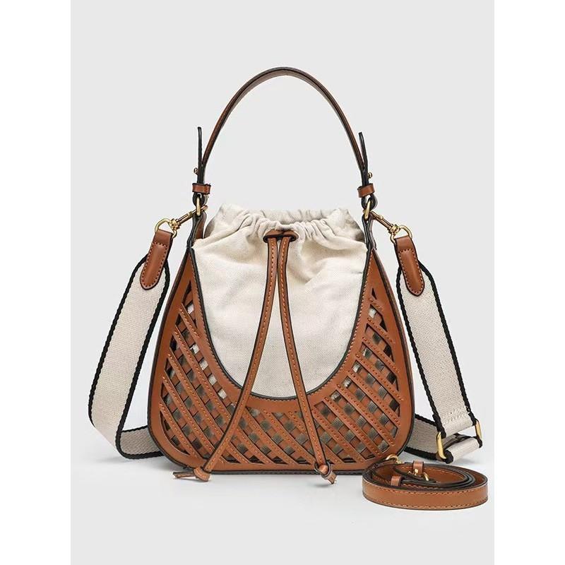 Cross-border Women's Bag 2024 New Brown One-shoulder Portable Bucket Retro Knitted Handbag Cross-body