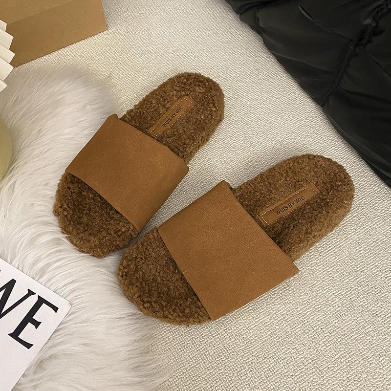 Thick-bottomed fluffy slippers for women to wear in the autumn and winter of 2025, the new one-word velvet warm lamb cake wool cotton mop is versatile